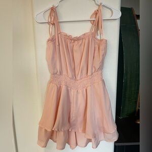 She + Sky Peach Tie-Strap Smocked Waist Mini Romper